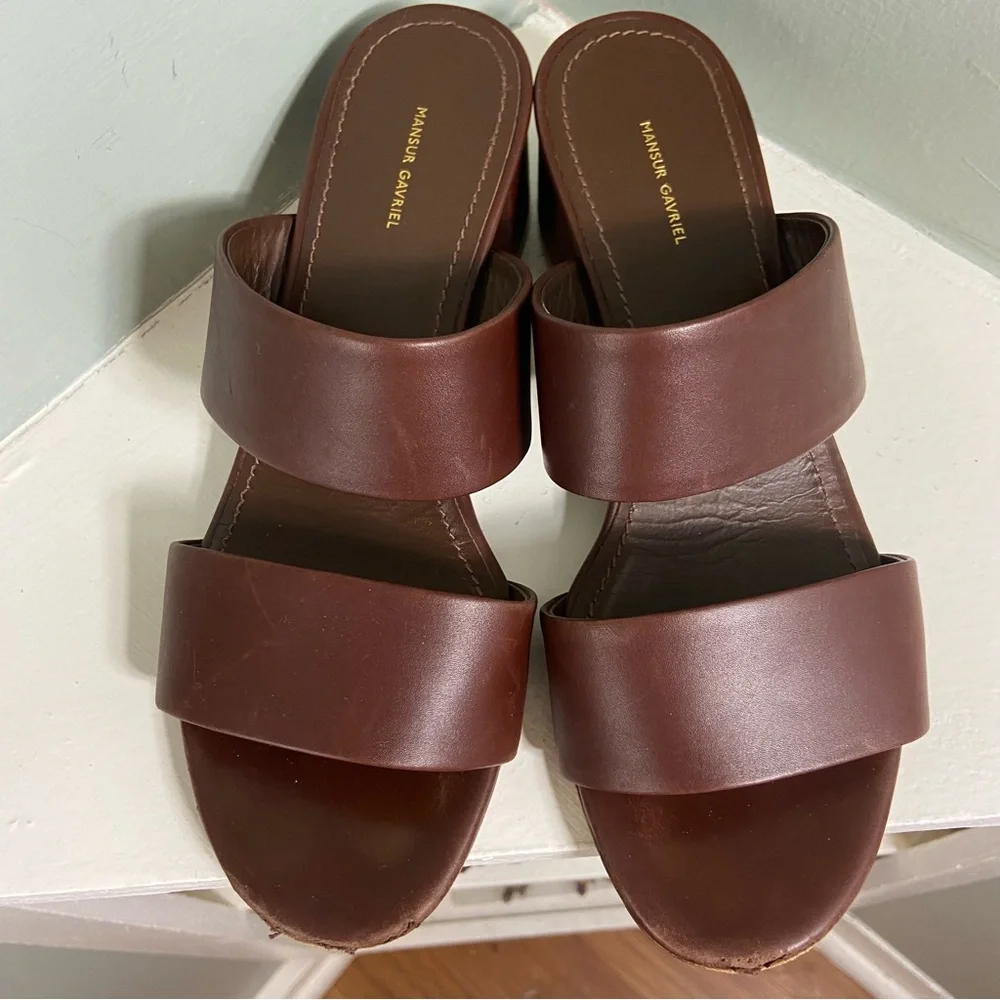 Mansur Gavriel Brown Leather Block Chunky Heeled Mules Sandals Heels Size 36/6